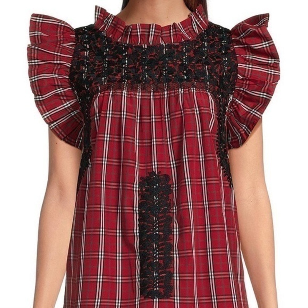 New ▶️ J.Marie ◀️
Rayna Embroidered Plaid Cap Sleeve Ruffle Neck Top Medium